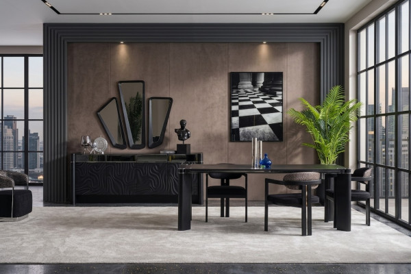 Black Dining Room Set Dining Table 6x Chairs Sideboard 3x Mirror Dining Group Luxury