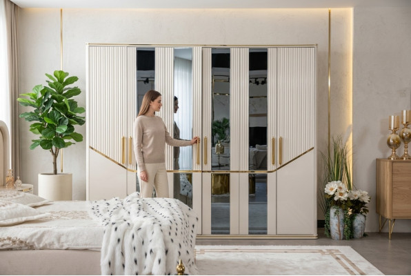 Wardrobe Cabinets Closet Design Wood Beige Gold Modern Furniture 270cm