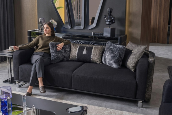 Three-seater 240cm Black Luxury Couch Sofa Couches Furniture Textile Fabric Velvet 3-seater
