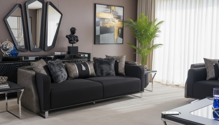 Three-seater 240cm Black Luxury Couch Sofa Couches Furniture Textile Fabric Velvet 3-seater