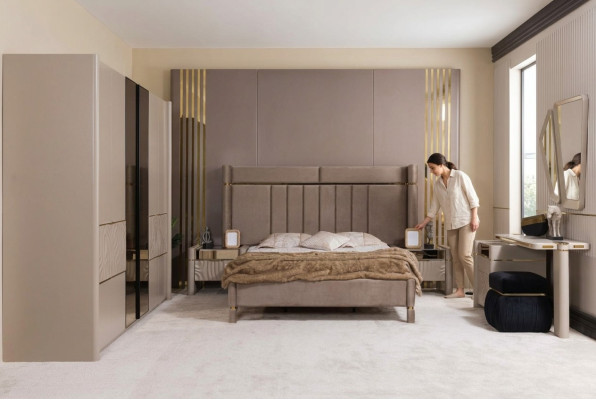 Bedroom set: bed, 2 nightstands, wardrobe, dressing table with mirror, 5 pieces, new.