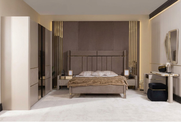 Bedroom set: bed, 2 nightstands, wardrobe, dressing table with mirror, 5 pieces, new.