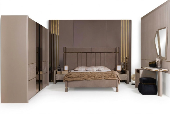 Bedroom set: bed, 2 nightstands, wardrobe, dressing table with mirror, 5 pieces, new.