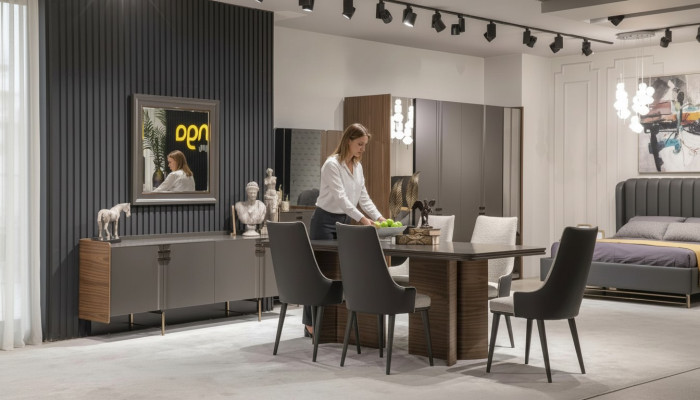 Luxury dining room set: dining table, 6 chairs, sideboard, and dining group set, 8 pieces.