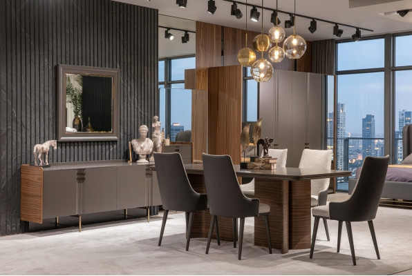 Luxury dining room set: dining table, 6 chairs, sideboard, and dining group set, 8 pieces.