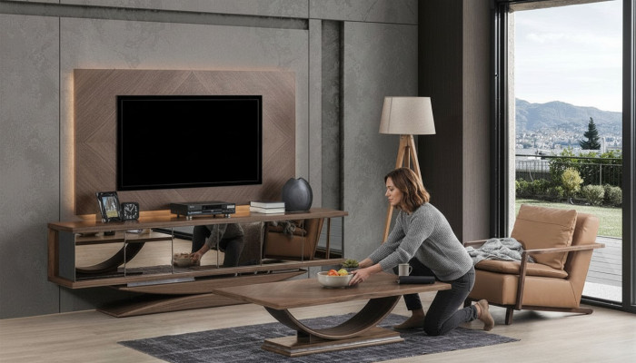 Living room wall wooden modern style shelf living room furniture cabinet RTV with TV frame
