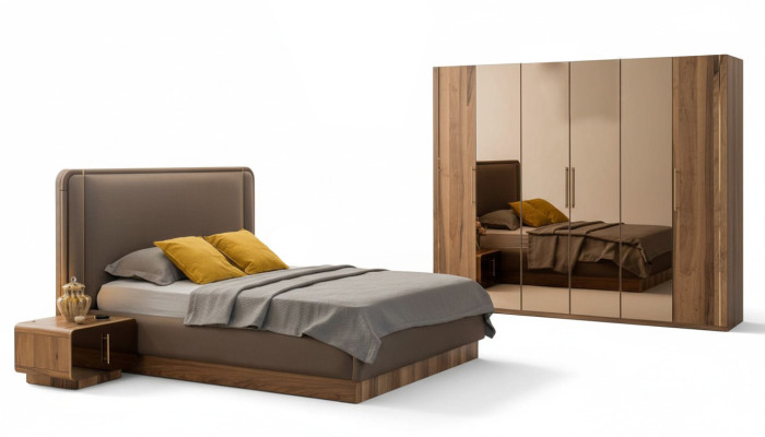 Luxury Bedroom Set Bed + 2x Nightstands + Wardrobe Wood Complete Modern New