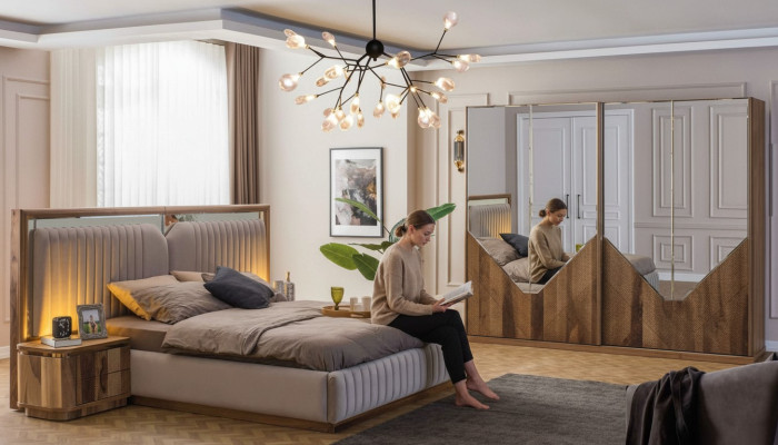 Luxury bedroom set bed + 2x nightstands + wardrobe modern complete