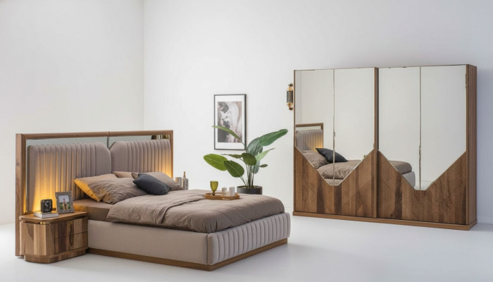 Luxury bedroom set bed + 2x nightstands + wardrobe modern complete