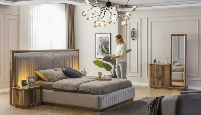 Modern bedroom set bed + 2x nightstands + dresser with modern mirror