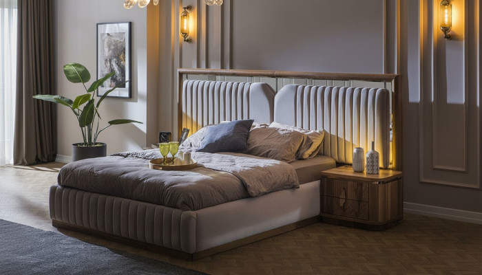 Luxury bedroom set bed + 2x nightstands wood complete modern