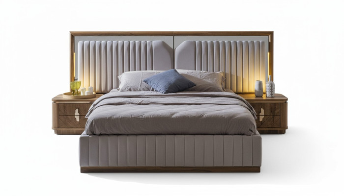 Luxury bedroom set bed + 2x nightstands wood complete modern