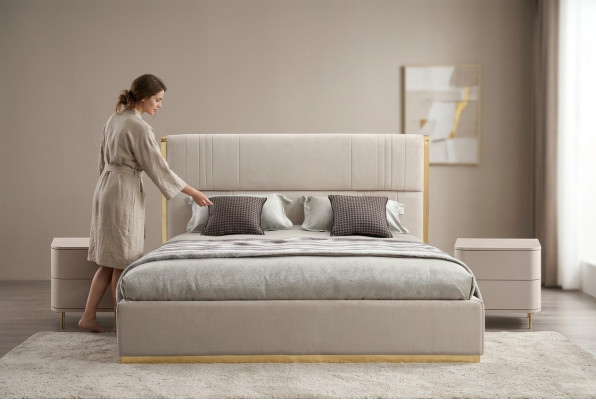 Bedroom set bed gray metal fabric design luxury 2x nightstands 3-piece new