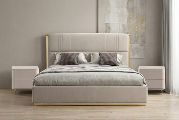 Bedroom set bed gray metal fabric design luxury 2x nightstands 3-piece new