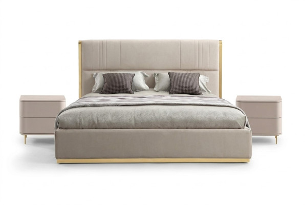 Bedroom set bed gray metal fabric design luxury 2x nightstands 3-piece new