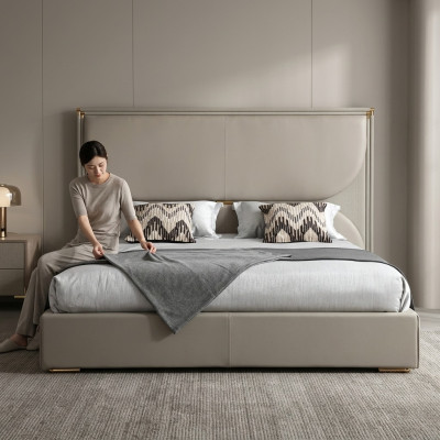 Luxury bedroom bed designer furniture double bed white textile beds wood new