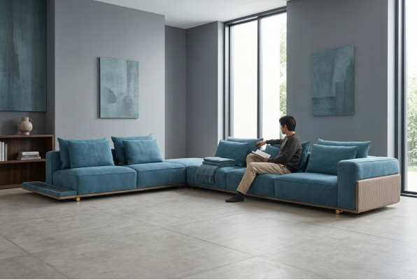 Blue L-shaped sofa sectional living room luxury upholstered furniture luxury design new