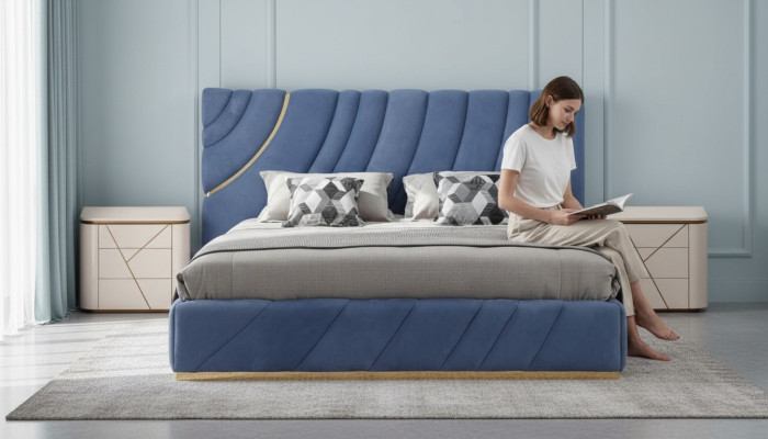 Bedroom set bed with 2 bedside tables, 3-piece. Blue, new, modern complete luxury furniture.