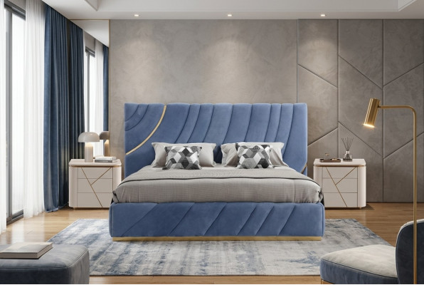 Bedroom set bed with 2 bedside tables, 3-piece. Blue, new, modern complete luxury furniture.