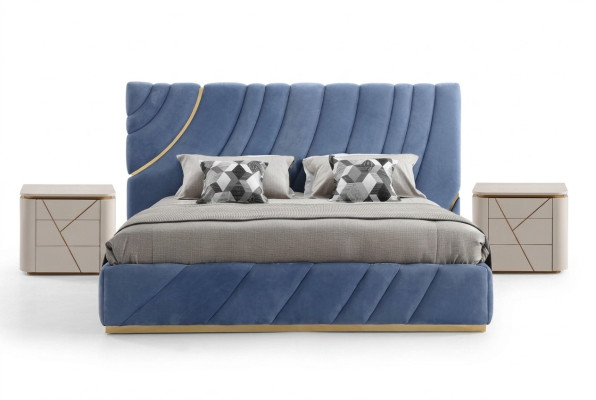 Bedroom set bed with 2 bedside tables, 3-piece. Blue, new, modern complete luxury furniture.