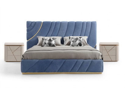 Bedroom set bed with 2 bedside tables, 3-piece. Blue, new, modern complete luxury furniture.