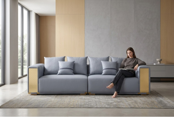 Luxury Sofa 4-Seater Upholstered Sofa Blue Textile Seat Design Couch Modern New