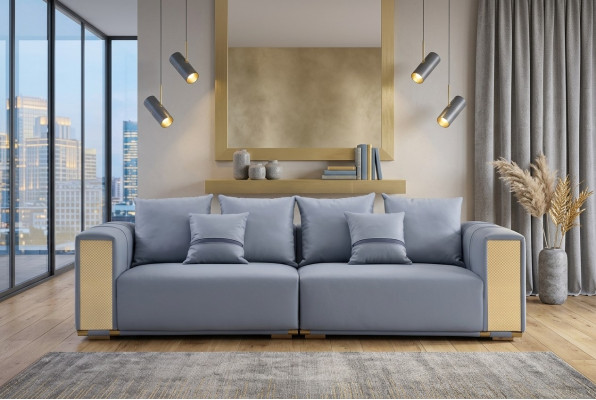 Luxury Sofa 4-Seater Upholstered Sofa Blue Textile Seat Design Couch Modern New
