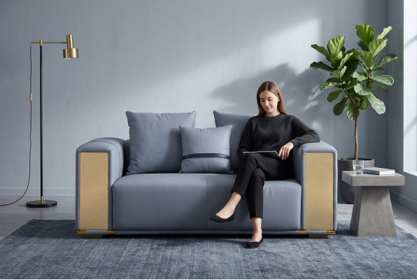 Luxury Living Room Sofa 2-Seater Upholstered Sofa Blue Textile Seat Design Couch Modern