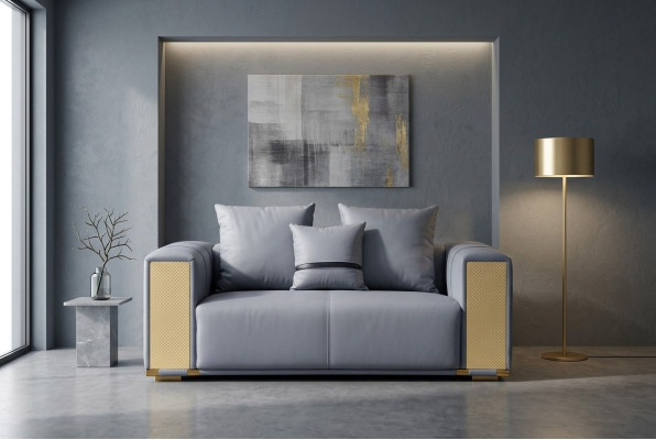 Luxury Living Room Sofa 2-Seater Upholstered Sofa Blue Textile Seat Design Couch Modern