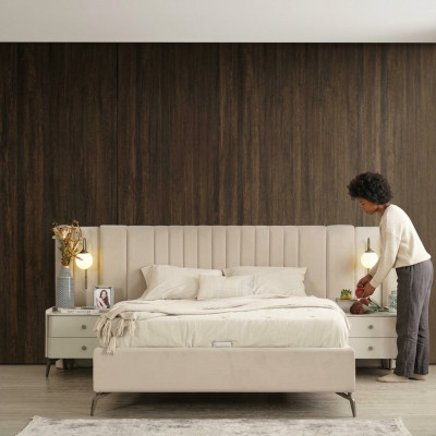 Luxury bedroom bed and 2x nightstands 3-piece set design furniture