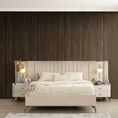 Luxury bedroom bed and 2x nightstands 3-piece set design furniture
