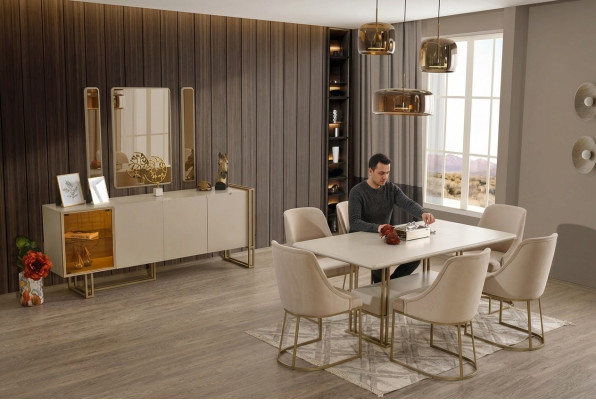Luxurious Dining Room Set Dining Table + 6x Chairs + Sideboard + 3x Mirrors 11-piece set