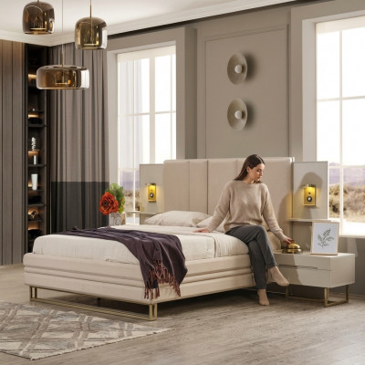 Bedroom set luxury complete beige bed 2x nightstands modern