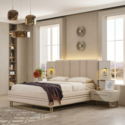 Bedroom set luxury complete beige bed 2x nightstands modern
