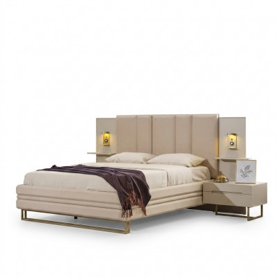 Bedroom set luxury complete beige bed 2x nightstands modern