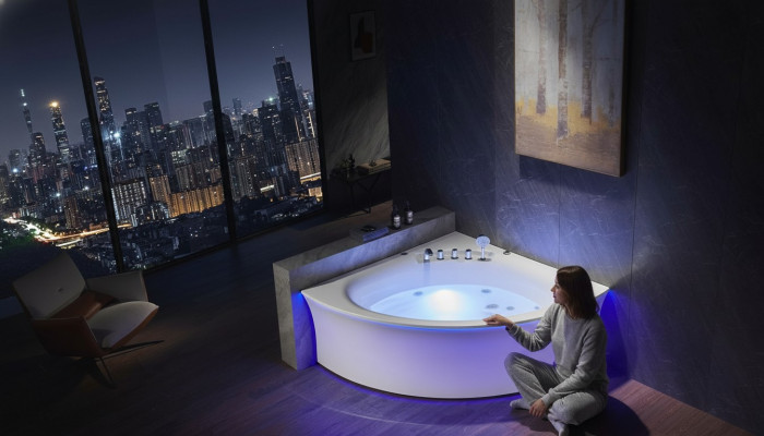 Corner bathtub, bathtub, corner bathtub, whirlpool, ergonomic, waterfall, LED