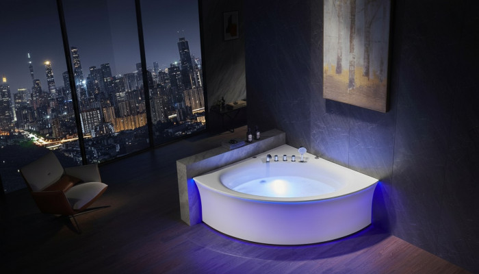 Corner bathtub, bathtub, corner bathtub, whirlpool, ergonomic, waterfall, LED