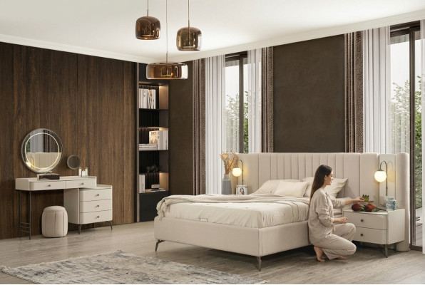 Elegant complete bedroom set with upholstered bed, 2 nightstands and vanity table