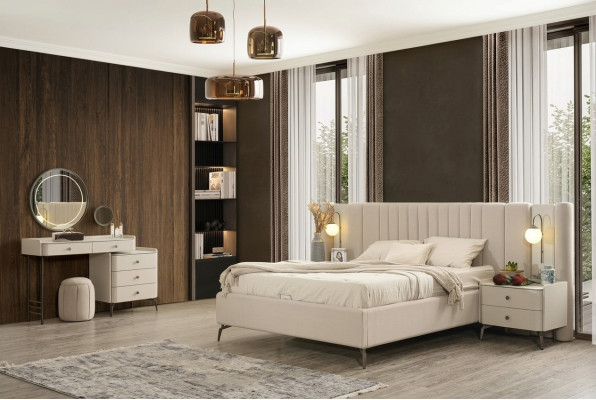 Elegant complete bedroom set with upholstered bed, 2 nightstands and vanity table