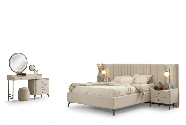 Elegant complete bedroom set with upholstered bed, 2 nightstands and vanity table