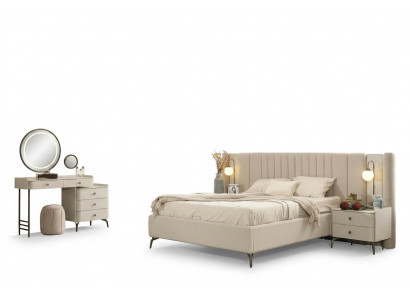 Elegant complete bedroom set with upholstered bed, 2 nightstands and vanity table