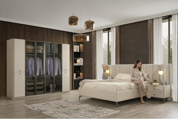 Modern furniture design for bedroom bed 2x nightstand 4 pieces