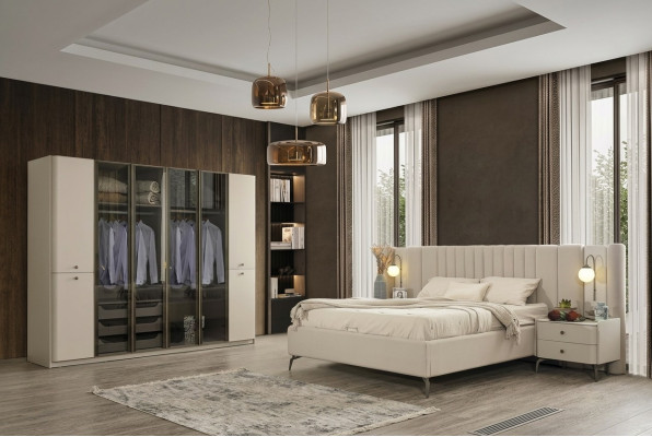 Modern furniture design for bedroom bed 2x nightstand 4 pieces