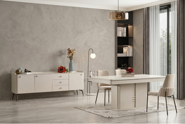 White design dining table with 6 upholstered chairs and buffet