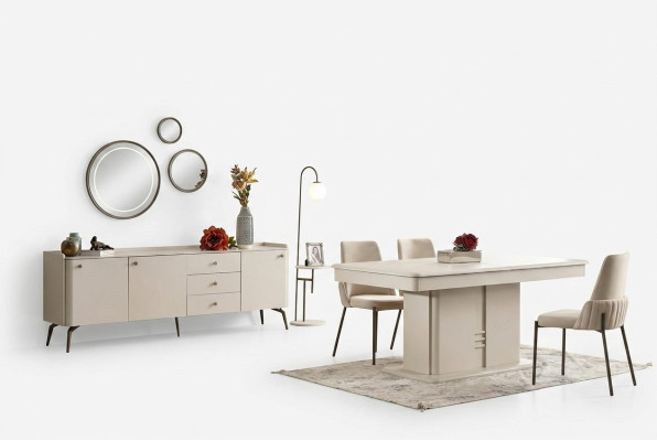 White design dining table with 6 upholstered chairs and buffet