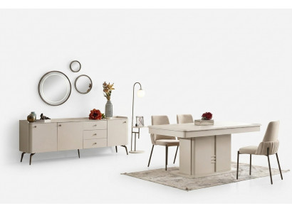 White design dining table with 6 upholstered chairs and buffet