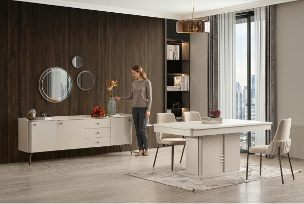 Modern wooden dining table with 4 elegant upholstered chairs and buffet 6 pieces