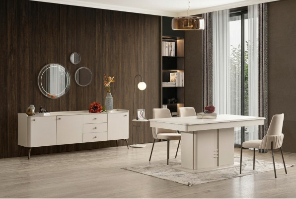 Modern wooden dining table with 4 elegant upholstered chairs and buffet 6 pieces
