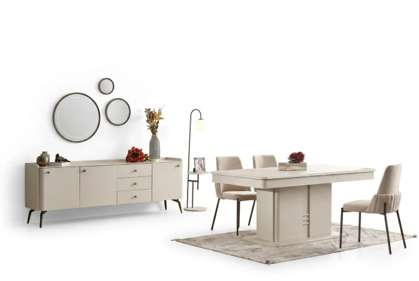 Modern wooden dining table with 4 elegant upholstered chairs and buffet 6 pieces