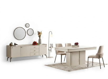 Modern wooden dining table with 4 elegant upholstered chairs and buffet 6 pieces